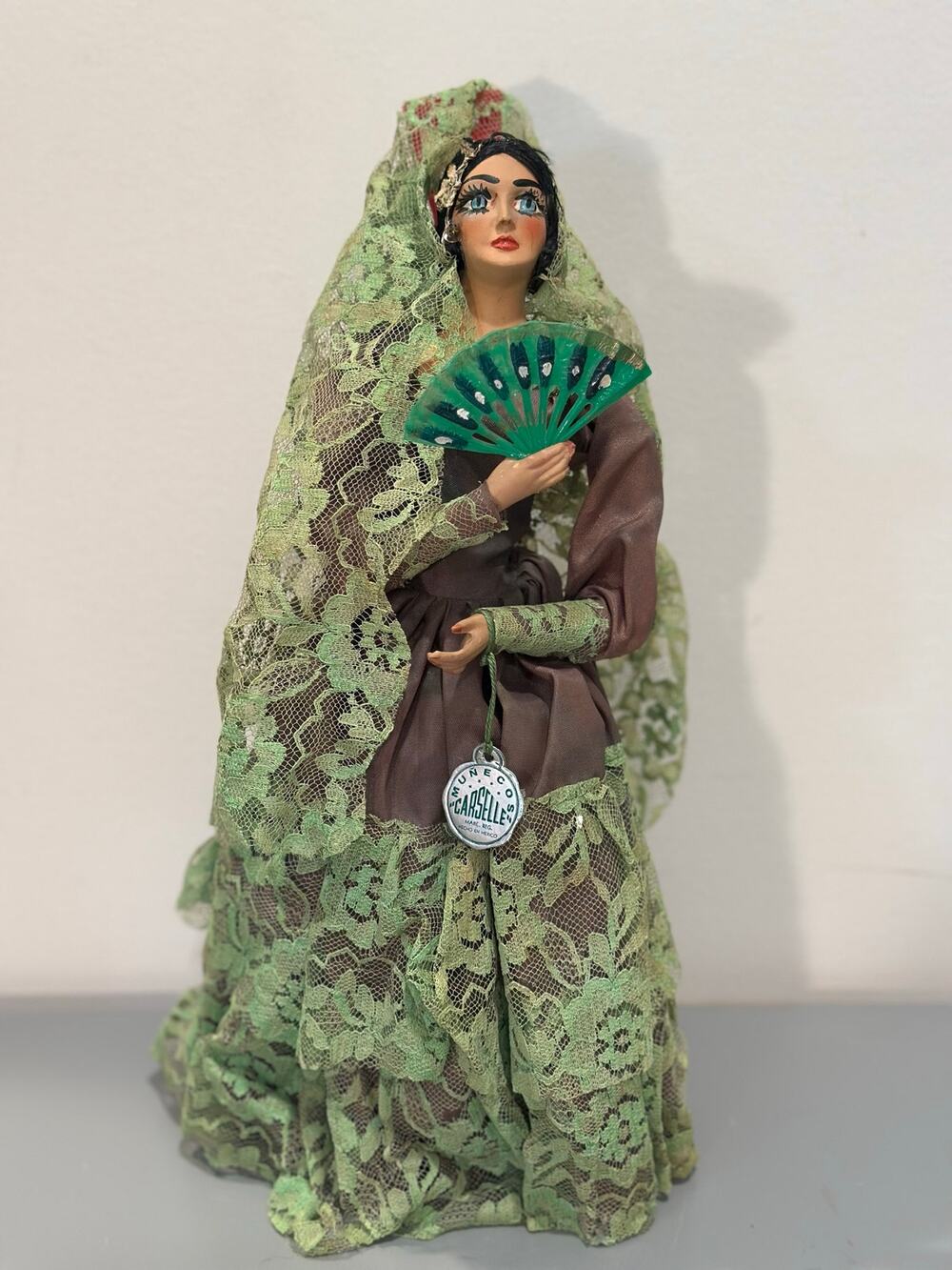 Vintage Munecos Carselle Mexican Senorita Doll Green Lace Dress Fan 13”